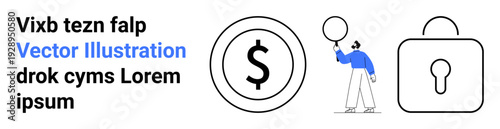 Cartoon figure holding balloon studies money coin and secure lock concepts. Ideal for business, finance, security, savings, simplicity, investments, simple landing page