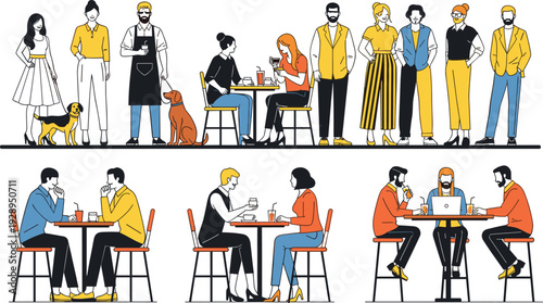 People socializing in cafe and restaurant vector illustration set with couples and friends dining together