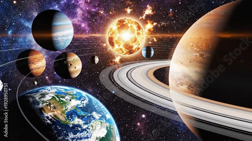Cosmic solar system dance vast universe astronomy planets orbiting glowing sun dynamic motion stellar nebula background celestial exploration science