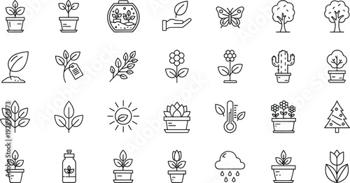 Plant Care and Gardening Line Icons Set with Potted Plants Leaves Watering and Nature Elements, Minimal Outline Botany Vector Collection