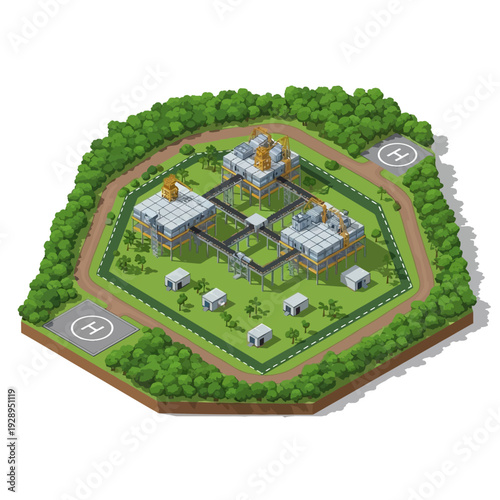 3D Illustration of Military Base with Buildings.