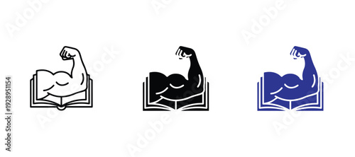  Strong arm muscle with open book icon set for mental strength and education. Knowledge is power concept for coaching, academic growth, and personal development vector illustrations.