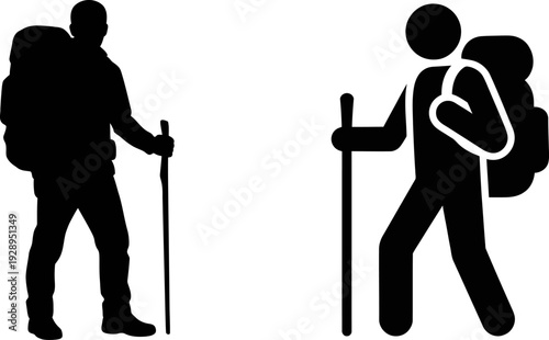 Silhouette of two hikers walking with trekking poles and backpacks on a white background