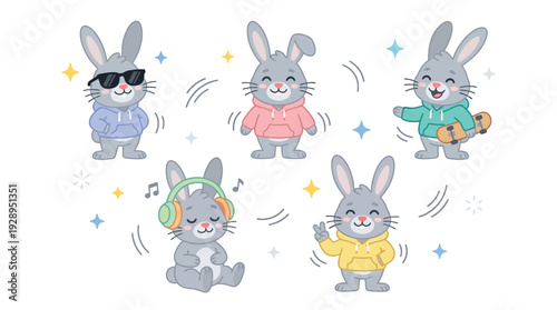 A collection of five adorable cartoon grey rabbits dressed in colorful hoodies, each engaged in a different fun activity.
