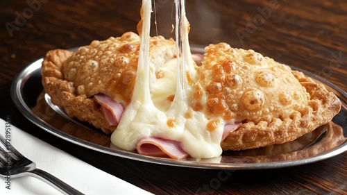 Melted cheese pulled from a golden ham pastry on plate