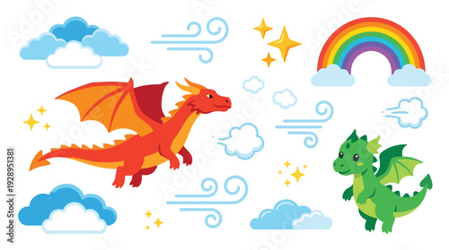 Two cartoon dragons, one red and one green, flying in a sky with clouds, wind, and a rainbow.