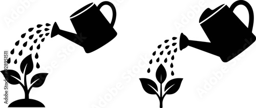 Simple black and white icon set showing watering can nourishing plants