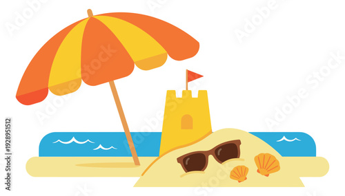 Modern flat design beach set featuring a colorful umbrella, sandcastle, sunglasses and seashells for summer vacation