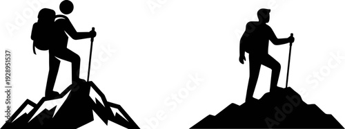 Silhouette of hikers standing on mountain peaks with trekking poles and backpacks