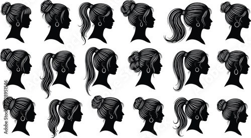 Black silhouette collection of woman profile heads with different hairstyles including buns and pony tails, isolated on white background vector