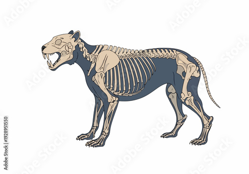 Anatomical Illustration of a Saber-Toothed Cat Skeleton, Displaying its Predatory Anatomy and Bone Structure in Detail