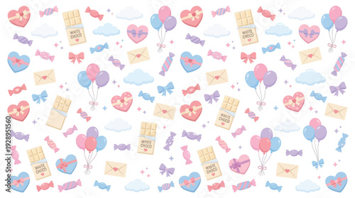 A whimsical and charming collection of Valentine's Day themed elements scattered across a white background, featuring hearts, candies, balloons, and envelopes.