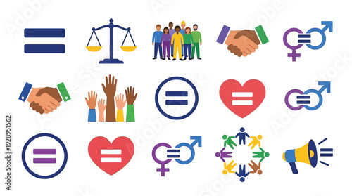 Collection of icons representing equality, diversity, human rights, and social justice concepts.