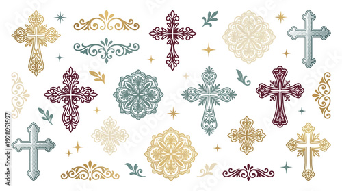 Collection of ornate and decorative Christian crosses and religious symbols in various colors and styles.