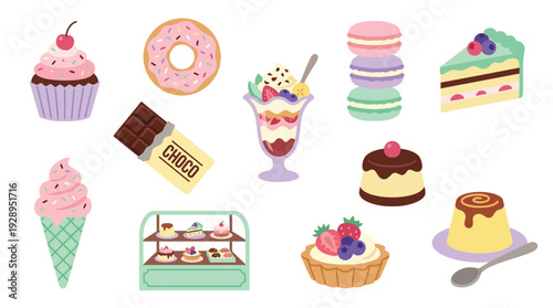 A delightful collection of sweet treats, including cupcakes, donuts, ice cream, macarons, cakes, and pastries, presented in a vibrant and appealing arrangement.