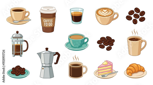 A vibrant collection of various coffee drinks, brewing equipment, and sweet treats, showcasing the diverse world of coffee culture.