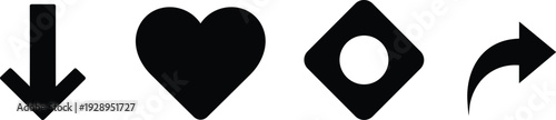 Black Silhouette Icon Set Featuring Down Arrow, Heart Shape, Diamond Gemstone, and Curved Share Symbol for Minimalist Interface and Graphic Design