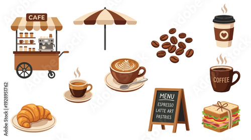 A charming collection of coffee shop elements, including a mobile cart, umbrella, coffee cups, beans, pastries, and sandwiches, perfect for cafe branding.
