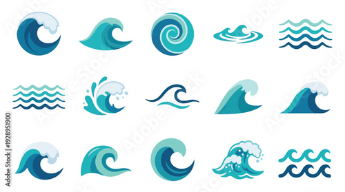 Collection of stylized wave illustrations in various forms, showcasing the dynamic beauty of water in different artistic representations.