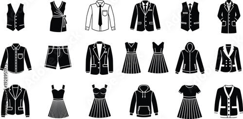 Clothing silhouettes collection, men and women apparel icons set, isolated black fashion garments, vector outfit templates, modern wardrobe illustration