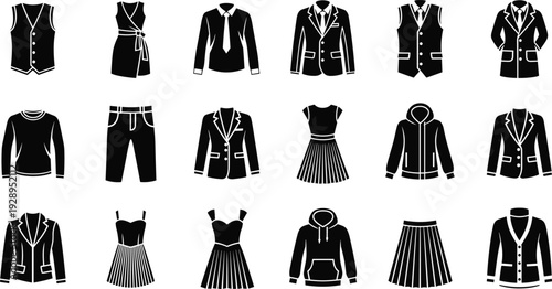 Formal and casual clothing silhouettes set, men women apparel collection, isolated black garments, fashion outfit icons, vector wardrobe templates