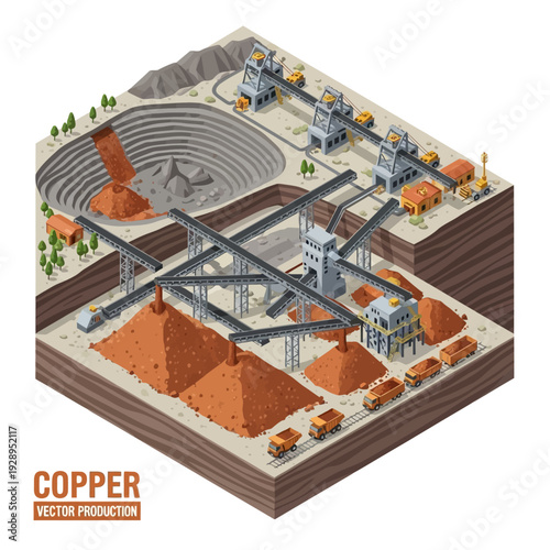 Copper Mining Operation Isometric Illustration.