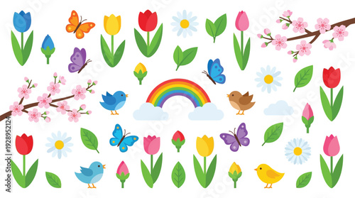 A vibrant collection of spring-themed illustrations featuring tulips, butterflies, birds, cherry blossoms, daisies, a rainbow, and clouds.