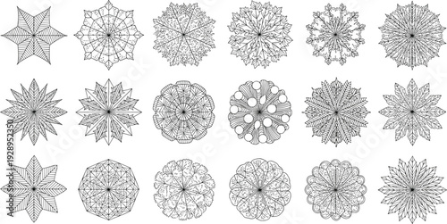 Mandala ornament collection, geometric floral line art set, decorative circular patterns, intricate vector designs for coloring, tattoo, background