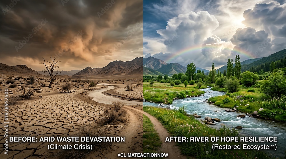 Fototapeta premium Climate change concept with arid landscape transforming into lush ecosystem