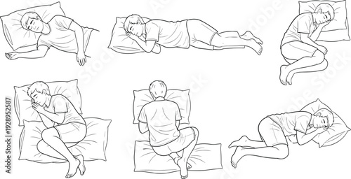 Sleeping positions set, person resting on pillows, different sleep postures, bedtime relaxation vector illustration, healthy sleep concepts isolated