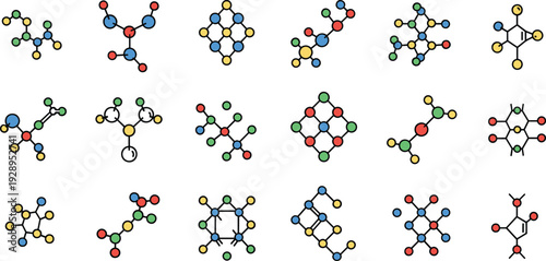 Chemical Molecule Structure Icons Set with Colorful Molecular Models, Scientific Chemistry Compound Collection Vector Illustration for Education and Research
