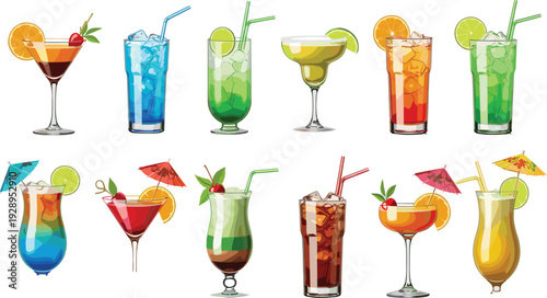 Colorful Cocktail Drinks Collection with Fresh Fruit Garnish and Ice Cubes, Tropical Alcoholic Beverages Set Vector Illustration