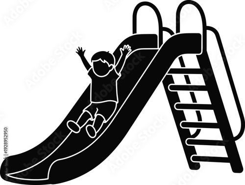 Black silhouette of a happy child sliding down a playground slide with arms raised for fun outdoor activity and childhood exercise