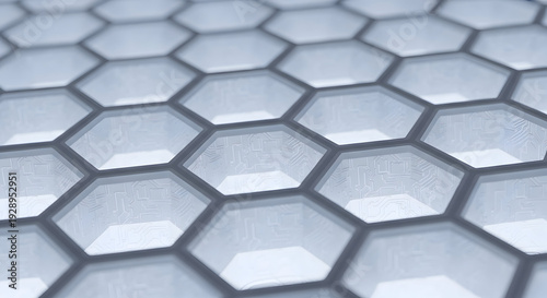Abstract hexagonal pattern with a futuristic and technological feel, showcasing a clean and modern geometric design with subtle lighting and depth effects.