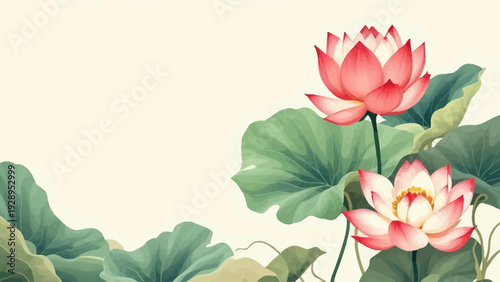 Decorative lotus flowers in red and white with green leaves on beige background. Elegant flat illustration with oriental style suitable for invitation, greeting, and branding design