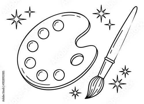 Hand drawn line art art supplies set featuring a paint palette, a paintbrush, and stars for creative projects