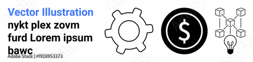 Technology, finance, blockchain, innovation, cryptocurrency, digital economy. Gear, dollar symbol blockchain nodes and lightbulb icons in black and white. Technology and finance