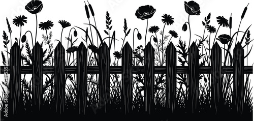 Black silhouette of a wooden garden picket fence with various wildflowers, poppies, and meadow grass isolated on white background