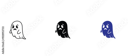 Sad ghost icon set for mental health and anxiety. Cute spook silhouette for depression, grief, loneliness, and emotional wellness vector symbols in outline, solid, and glyph styles 