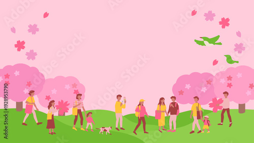 お花見をする人物と桜の風景の手書き風ベクターテンプレートイラスト Hand-drawn style vector template illustration of people enjoying cherry blossom viewing and a cherry blossom landscape.