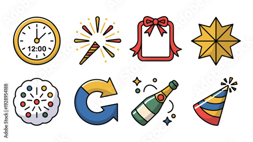 Winter new year icon pack with calendar Jan 1 planner, medal ribbons, starburst badges, clock illustration and festive vector design templates