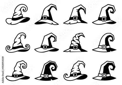 Hand drawn line art witch hats set featuring various spooky and curly pointed designs for Halloween celebration