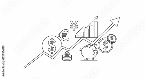 Financial growth chart with currency symbols and piggy bank illustration.