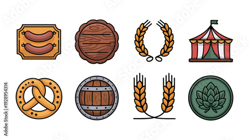 Autumn harvest fair icons with grain pretzel bread barrel tent and wreath symbols, seasonal festival event vector collection