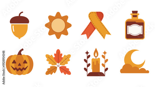 Seasonal pumpkin lantern maple leaf moon candle medal icons, harvest celebration event symbols, fall season vector illustration pack