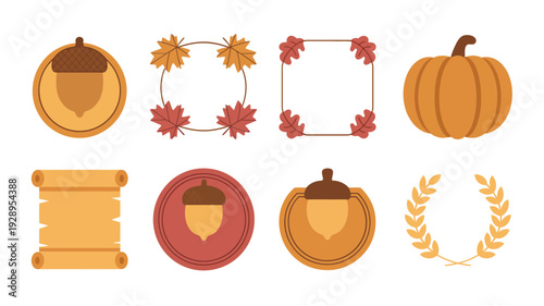 Autumn seasonal award medal maple leaf pumpkin candle and moon icons, harvest festival session symbols, vector illustration collection set