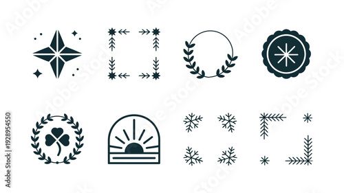 Decorative border frames vector set with laurel wreath corners, sunrise emblem, sparkle stars for wedding invitation, graduation certificate, card design