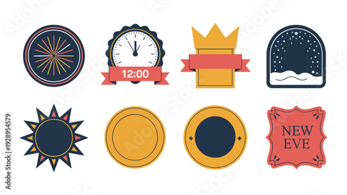 Celebration ribbon badges and starburst stickers vector set with countdown clock and crown emblem for New Year eve promotion design