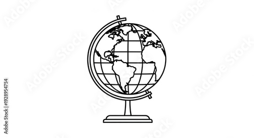 A detailed illustration of a globe centered on a stand showcasing continents and oceans from a frontal viewpoint