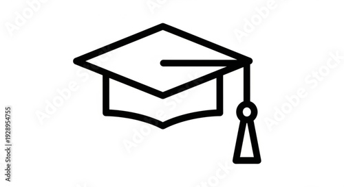 A simple black line illustration of a graduation cap with a tassel on a plain background viewed from the front